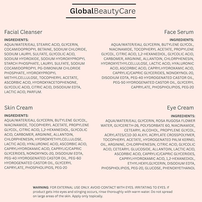 Global Beauty Care Vitamin C Glow Skincare Set - Complete Face Care Routine, Facial Cleanser, Serum, Eye Cream & Face Cream, with Niacinimade, AHA's & Vitamin E For Radiant Smooth Skin, 4-Piece Set