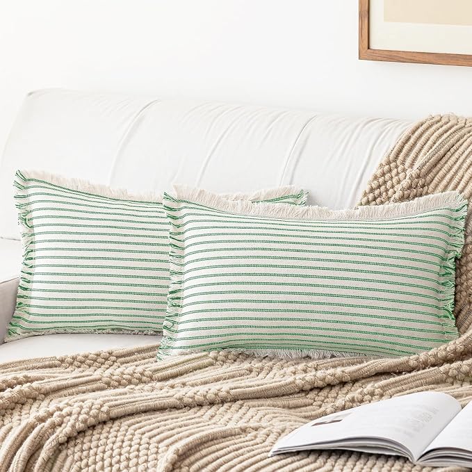 YEENAASY Throw Pillow Covers 12x20 Boho Striped Pillow Cases with Tassel | Set of 2 Fringe Pillow Cover Farmhouse Cushion Covers Neutral Pillows Decorative Lumbar Pillowcase for Couch Sofa Bed, Green