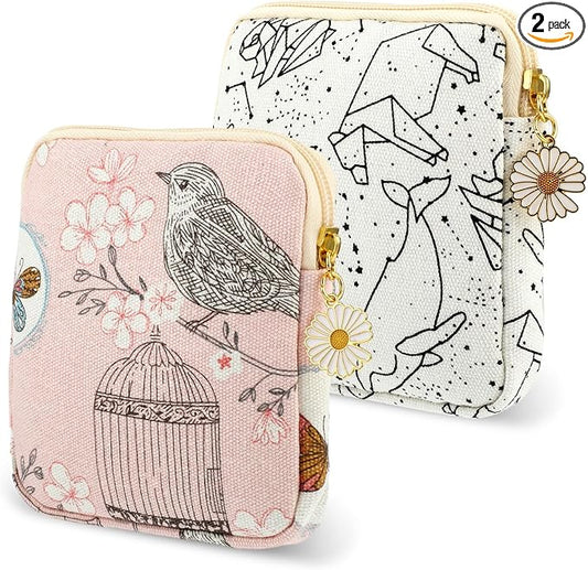 Amabro Sanitary Napkin Storage Bag, 2PCS Period Bags Cute Sanitary Pad Storage Pouch Tampon Pantyliners Menstrual Purse Daisy Zipper for Women Teen Girls School Travel Feminine Product(Bird)
