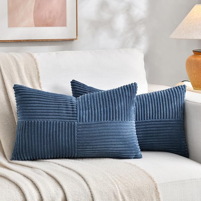 Fancy Homi Set of 1 Dusty Blue Lumbar Decorative Throw Pillow Covers 14x24 Inch for Couch Bed Sofa, Rustic Farmhouse Boho Home Decor, Soft Striped Corduroy Rectangle Accent Cushion Case 35x60 cm