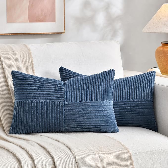 Fancy Homi Set of 1 Dusty Blue Long Lumbar Decorative Throw Pillow Covers 16x24 Inch for Couch Bed Sofa, Rustic Farmhouse Boho Home Decor, Soft Striped Corduroy Rectangle Accent Cushion Case 40x60 cm