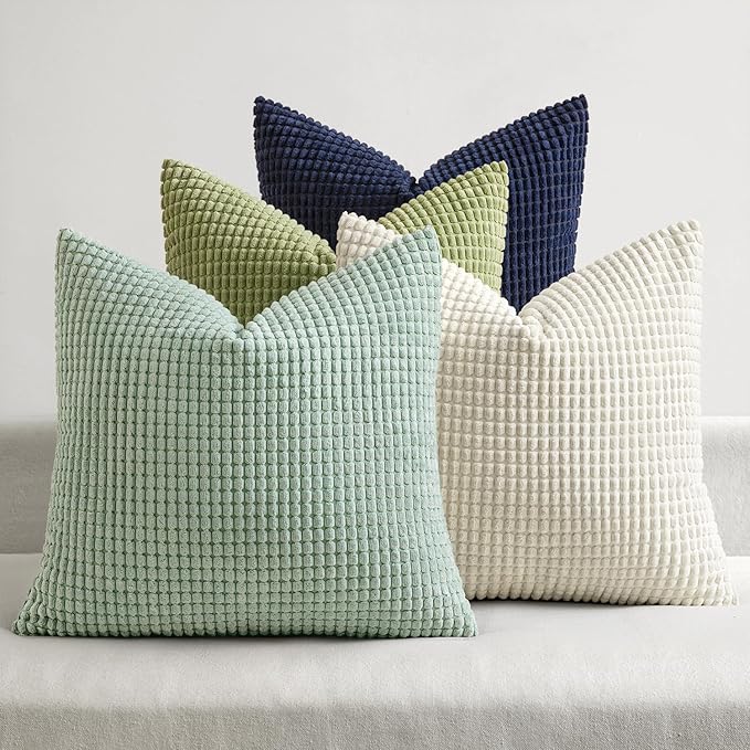 MIULEE Farmhouse Decorative Pillow Covers 18x18 Inch Set of 4 Muted Teal | Modern Natural Rustic Throw Pillows, Neutral Warm Soft Corduroy Couch Pillowcases, Home Decor for Sofa Living Room Bed