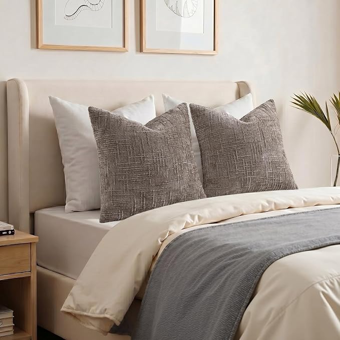 decorUhome Textured Chenille Throw Pillow Covers 20x20 Set of 2 Taupe | Fall Modern Farmhouse Soft Cozy Slubby Couch Pillow Cases Boho Decorative Pillow Cases for Bed Sofa Living Room Home Decor