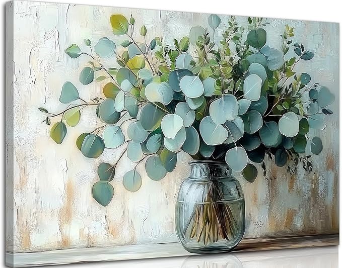 Eucalyptus Flower Vase Canvas Wall Art Sage Green Canvas With Plants Wall Decor Farmhouse Vintage Green Plants Poster Print Artwork for Bathroom Living room Bedroom Home Decoration