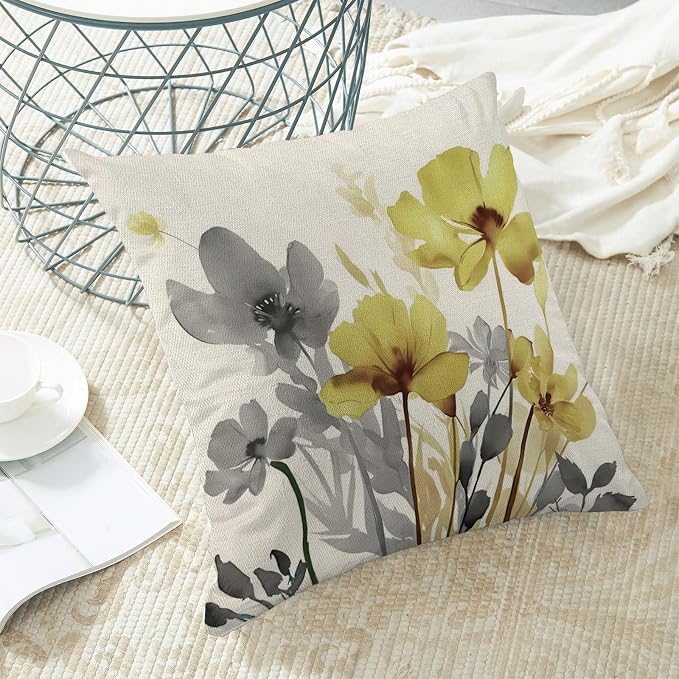 Spring Floral Pillow Covers 18x18 Inches Set of 2 Gray Yellow Floral Throw Pillow Covers Outdoor Rustic Summer Flower Decor Pillowcase Farmhouse Decorative Square Cushion Cover for Sofa Couch