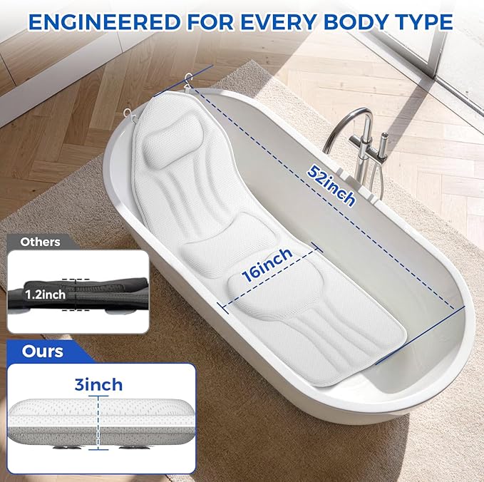 52" x 16" Full Body Bath Pillow for Bathtub, Luxury Bathtub Cushion with 180 Suction Cups and Soft 5D Mesh Fabric, Bath Tub Pillows for Head and Neck, Relaxing Tub Accessories for Women