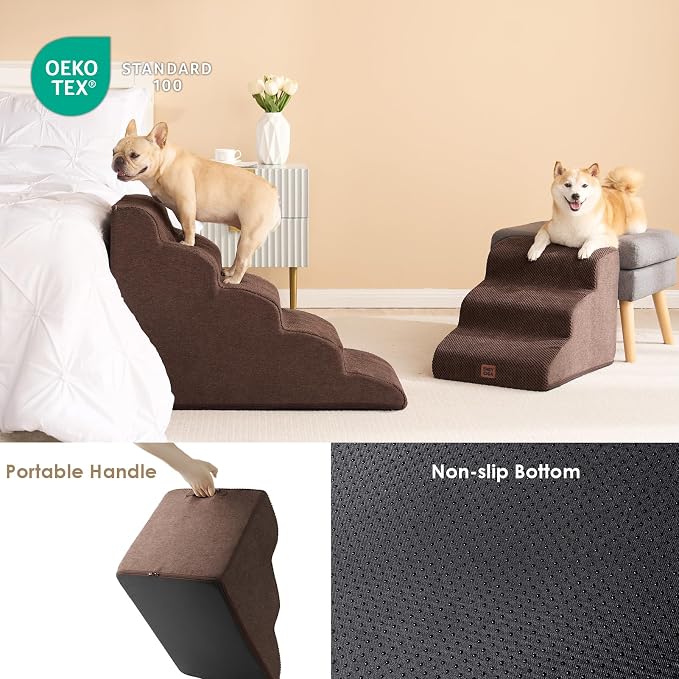 EHEYCIGA Curved Dog Stairs Ramp, 5-Step High Beds, 22.6" H Pet Step | 33D density of pure foam, for Small Dogs and Cats, Pet Stairs for High Bed Climbing, Non-Slip Balanced Indoor, Brown