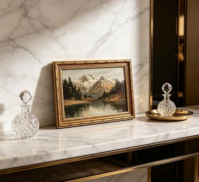 Vintage Gold Framed Landscape Canvas Wall Art Mountain with Forest Trees Lake Painting Picture Wall Decor Nature Scenery Green Botanical Poster Print Artwork for Living Room Office Home Decoration