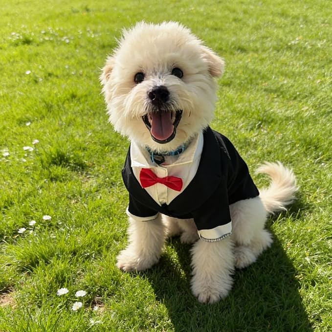 Dog Tuxedo Suit with Bow Tie Dog Shirt Puppy Clothes Formal Pet Tux Party Birthday Costume for Small Medium Dogs Pet Weding Attire Dress Up Cosplay Prince Costume Gentleman Apparel