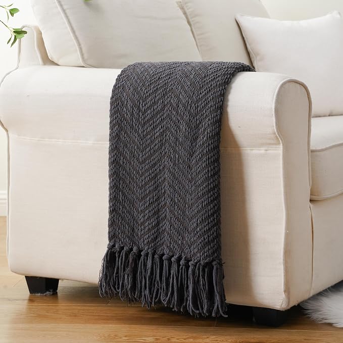 BATTILO HOME Dark Grey Throw Blanket for Couch, 50"x60" | Knit Charcoal Throw Blanket Versatile for Chair, Super Soft Warm Grey Blanket with Tassels for Bed, Sofa and Living Room