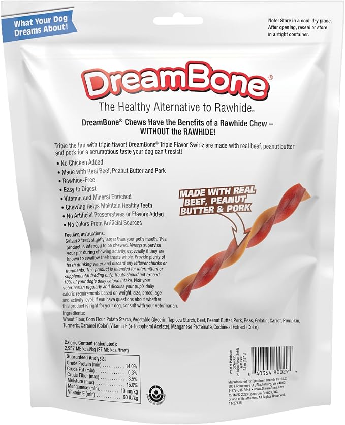 DreamBone Triple Flavor Swirlz Rawhide-Free Dog Treats, 25 Count | No Chicken Added, Daily Chew, Digests Safely and Completely, Made With Real Beef, Peanut Butter and Pork, For Adult Dogs