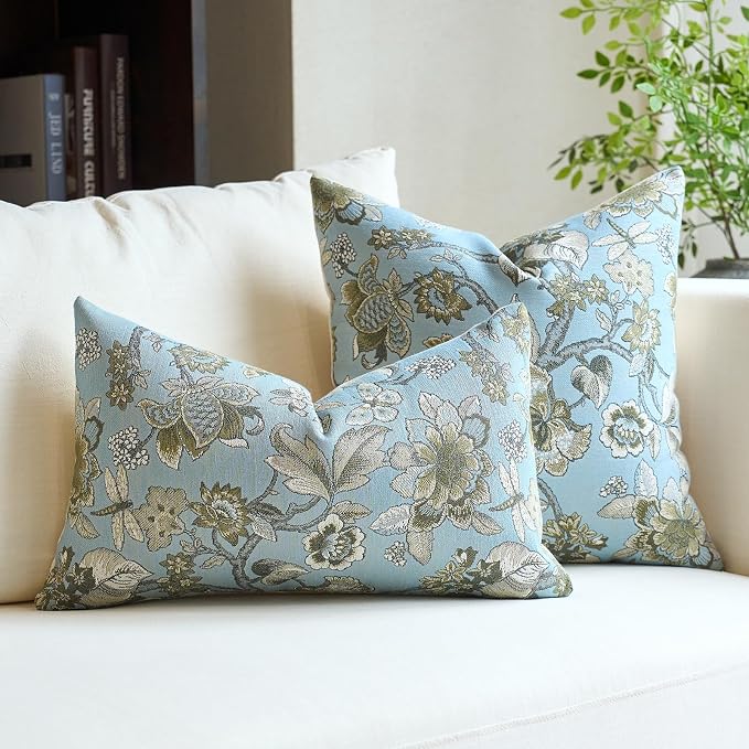 Neutral Floral Pillow Cover 12x20, Vintage Linen Lumbar Pillow Cover Soft Decorative Farmhouse Accent Pillow Case for Couch Bedroom Living Room Home Decor, Blue