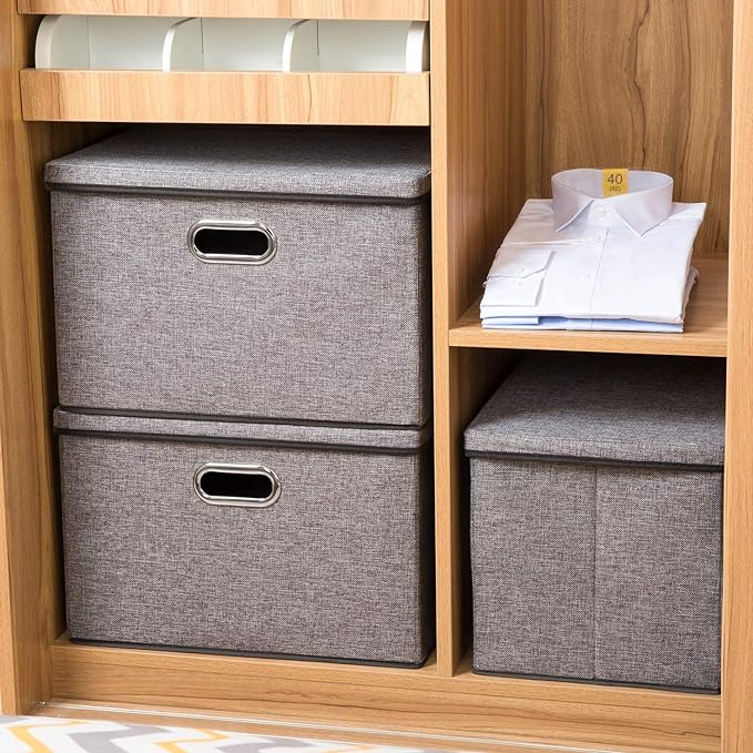 Large Collapsible Storage Containers with Lids [5-Pack] Linen Fabric Foldable Storage Bins Boxes Organizer Baskets Cube with Cover for Home Bedroom Closet Office Nursery (17.7x11.8x11.8)