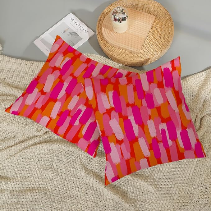 Hot Pink Orange Pillow Covers 18x18 Inch Set of 2 Abstract Preppy Throw Pillows Painting Outdoor Decorative Pillow Cases Linen Aesthetic Boho Cushion Cover for Couch Home Sofa Bed Decor