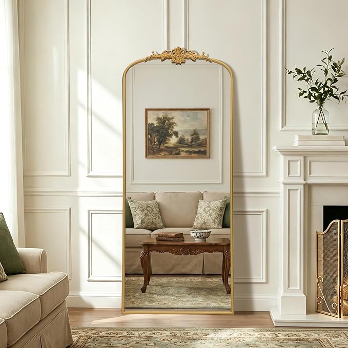 Besdomus Antique Mirror Full Length: 26"x63" Gold Long Arched Body Mirrors | French Floor Standing Metal Framed - Vintage Baroque Traditional Ornate - Ideal for Foyer/Cloakroom/Bedroom/Dressing Room