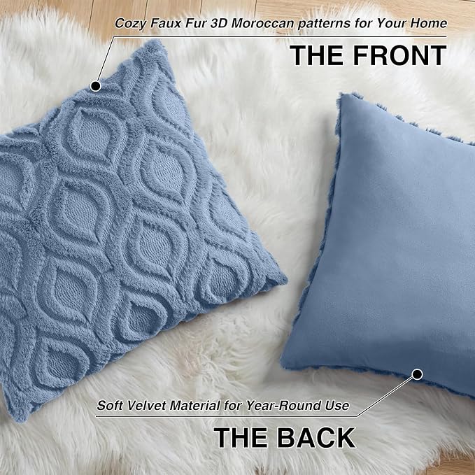 decorUhome Faux Fur Soft Dusty Blue Throw Pillow Covers 26x26 Set of 2 | Plush Solid Fall Couch Pillow Covers, Accent Modern Farmhouse Neutral Decorative Square Pillow Cases for Sofa Bed Living Room