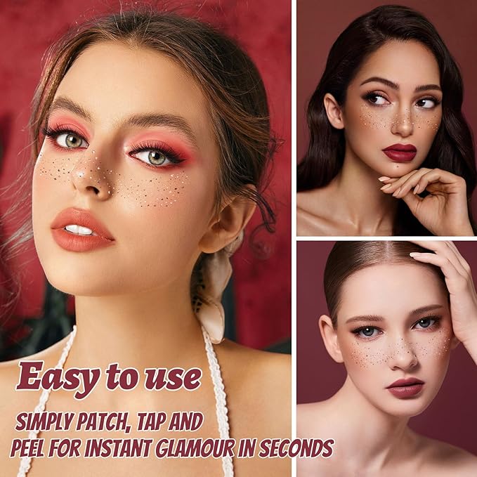 ROSE GOLD Glitter Freckles Makeup Patches, 12PCS Speckles Face Tattoos Sticker Set, Temporary Face Sparkle Sticker Makeup Accessories for Women Girl, Lasting & Waterproof