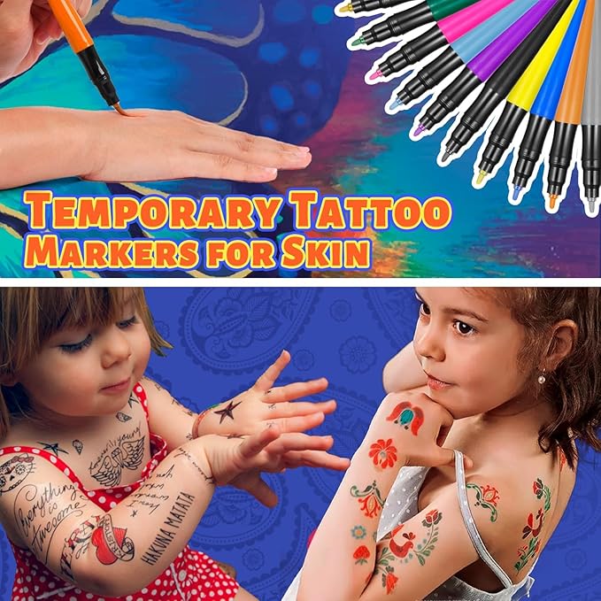 Temporary Tattoo Markers for Skin - Dual Tip 10 Colors Tattoo Pens for Skin Temporary, Washable Metallic Tattoo Markers with Stencils, Flexible Body Markers, Skin-Safe Face Paint Kit for Kids Adults