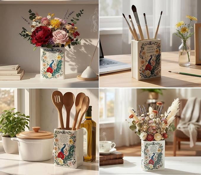 LIFFY Ceramic Vase for Flowers, 6.3 Inch Tall Farmhouse Centerpiece with Double Handles, Rustic Terracotta & Modern Navy White - Home Table Decor (Green-Peacock)