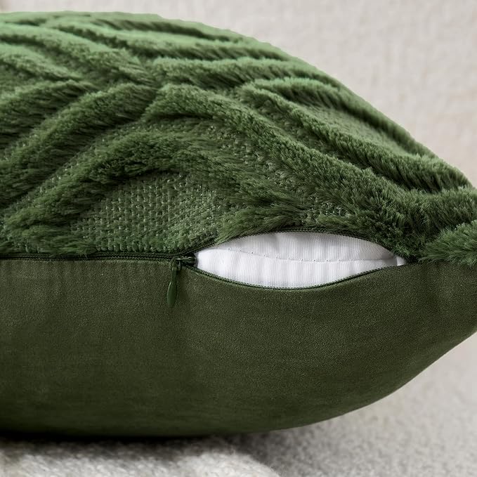 MIULEE Moss Green Soft Plush Faux Wool Throw Pillow Covers 20x20 | Set of 2, Farmhouse Boho Home Decor, Decorative Cushion Covers for Sofa, Living Room, Bed