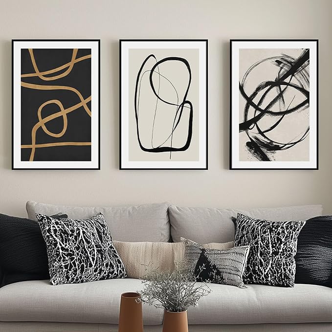 SAFERRYHOME Abstract Graffiti Black and White Wall Art,3 Panels 24x36 Inch | Black and Gold Framed Canvas Print Set, Mid-Century Modern Geometric Sketches Lines for Living Room, Bedroom, Office, Hallway