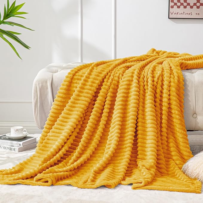 BEDELITE 3D Ribbed Mustard Yellow Fleece Twin Blanket for Bed, 60x80 Inch | Soft Warm Decorative Fluffy Blanket, Cozy Plush Lightweight Fuzzy Throw Blanket for Couch Sofa Room Decor, Gift for Women