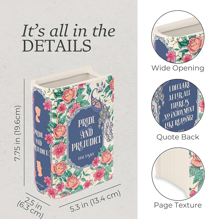 Steel Mill & Co. Ceramic Book-Shaped Vase, Pride and Prejudice | Original Large Decorative Vases for Home Decor, Cute Classic Bookshelf Decor, Unique Vase for Book Lovers