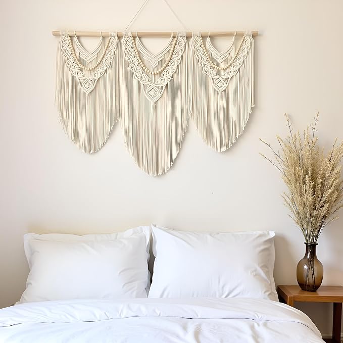 Large Macrame Wall Hanging, Boho Tapestry, 43"x32", Wood Bead Fringe | Handmade bohemian woven tapestry for bedroom, living room, apartment. Perfect Boho style wall decor art for weddings, parties