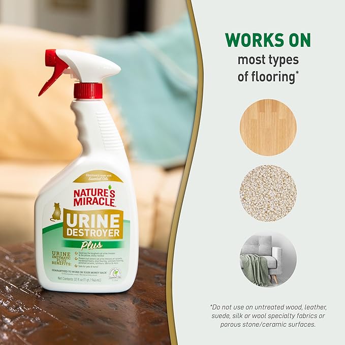 Nature's Miracle Cat Urine Destroyer Plus, Enzymatic Cleaner, 32 oz | Destroys the Toughest Cat Urine Stains, For Use on Multiple Surfaces, Safe For Pets and Home*, Fresh Scent