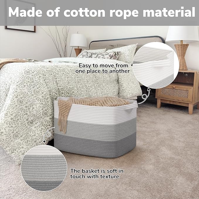 Goodpick 50L Large Woven Storage Basket, 18" x 14" x 12", Gradient Gray | Stylish Gift Basket for Home Decor, Cotton Rope Baskets for Toys & Nursery Essentials, Living Room & Bedroom Organization