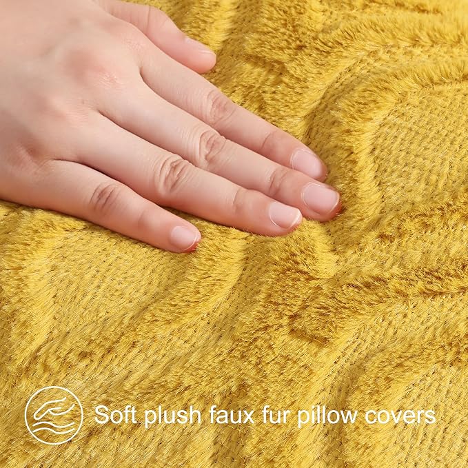 decorUhome Faux Fur Mustard Yellow Throw Pillow Covers 16x16 Set of 2 | Plush Solid Fall Couch Pillow Covers, Accent Modern Farmhouse Neutral Decorative Soft Pillow Cases for Sofa Bed Living Room