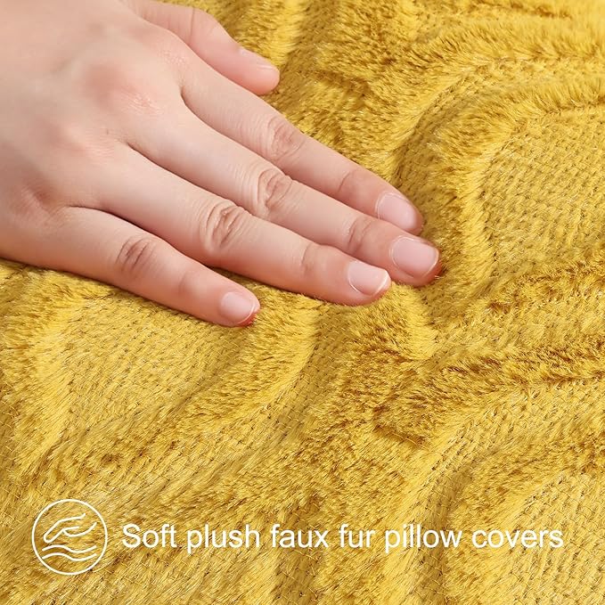decorUhome Faux Fur Mustard Yellow Throw Pillow Covers 24x24 Set of 2 | Plush Solid Fall Couch Pillow Covers, Accent Modern Farmhouse Neutral Decorative Soft Pillow Cases for Sofa Bed Living Room