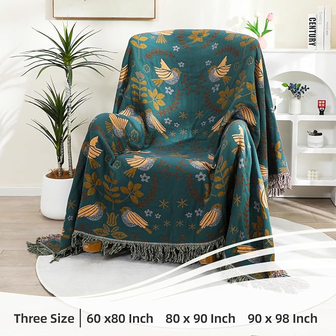VANJOROY Boho Large Throw Blanket for Bed, 100% Muslin Cotton Soft Breathable Throw-Floral Bird Rustic Decor Blanket for Couch Sofa Quilt and Gift, 60" x 80"-Teal/Beige