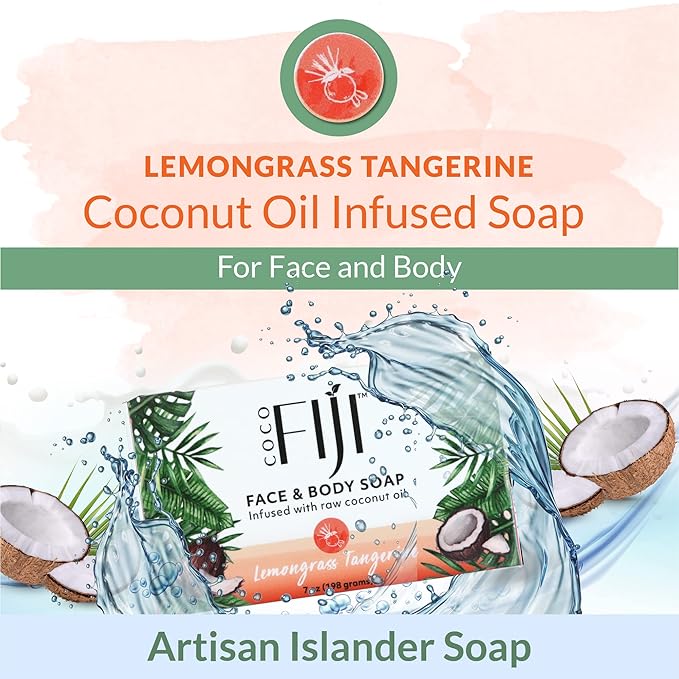 "Coco Fiji Soap Bar for Face and Body Infused With Organic Coconut Oil, Lemongrass Tangerine Essential Oil, Natural Soap for Moisturizing & Pore Purifying Skin, 7 oz, Pack Of 3 "