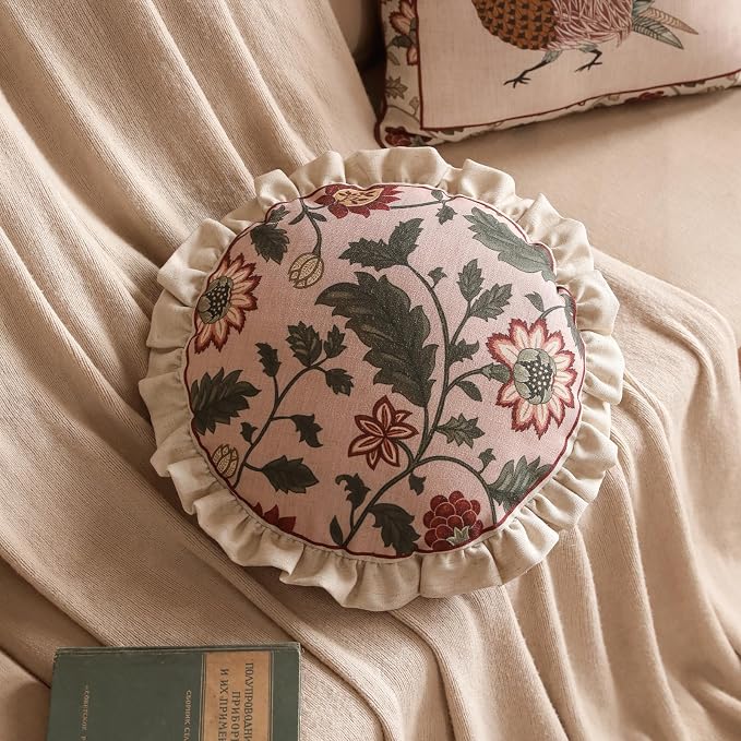 Vintage Linen Throw Pillow Cover,Set of 2,Diameter 16"-Ratina A | Designer Elegant Round Pillow Cover,Concealed Zipper Design,Floral Pattern,Sofa,Bedroom,Living Room,Lounge Chairs