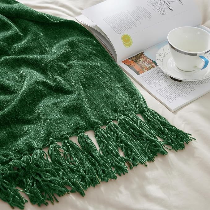 CozeCube Chenille Throw Blanket, Christmas Green Fringe Blanket, 50"X60" | For Couch, Cozy Plush Fuzzy Decorative Blanket with Fringe Tassels, Lightweight Throws for Bed Sofa Gift Home Decor