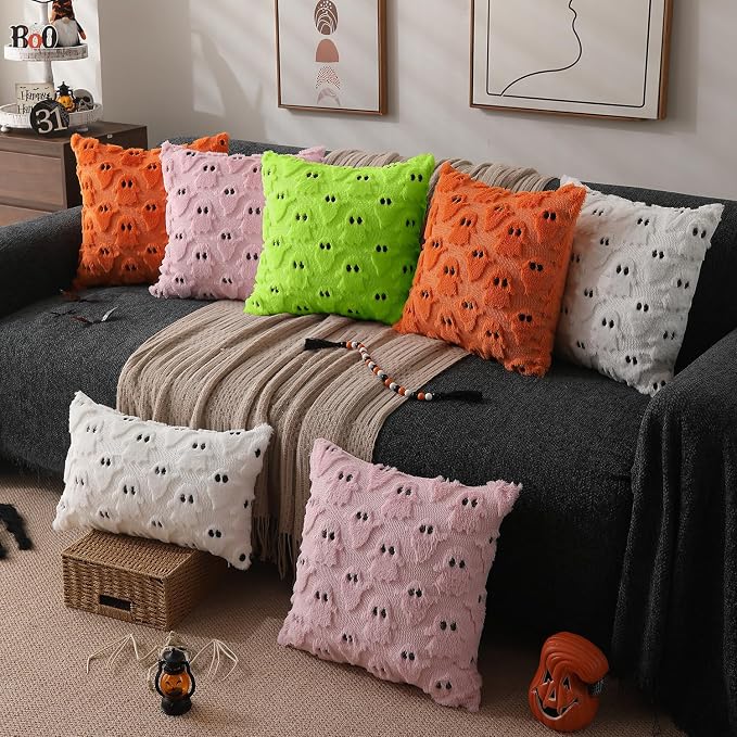 DFXSZ Halloween Pillow Covers 20x20 inch 2Pcs Green Ghost Halloween Decor | Halloween Decorations Set of 2 Throw Pillow Cases Plush Faux Fur Wool Cushion for Chair Sofa Bedroom Living Room Home Decor