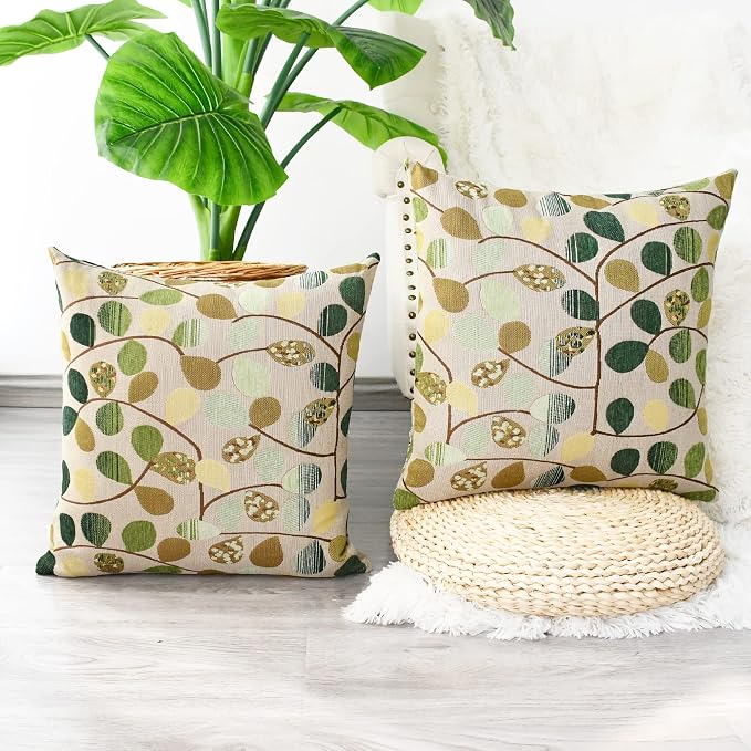 CaliTime Decorative Throw Pillow Covers 20 X 20 Inches Ecru Green | Luxury Chenille Cute Leaves Cushion Case Shell for Couch Sofa Bed Living Room Home