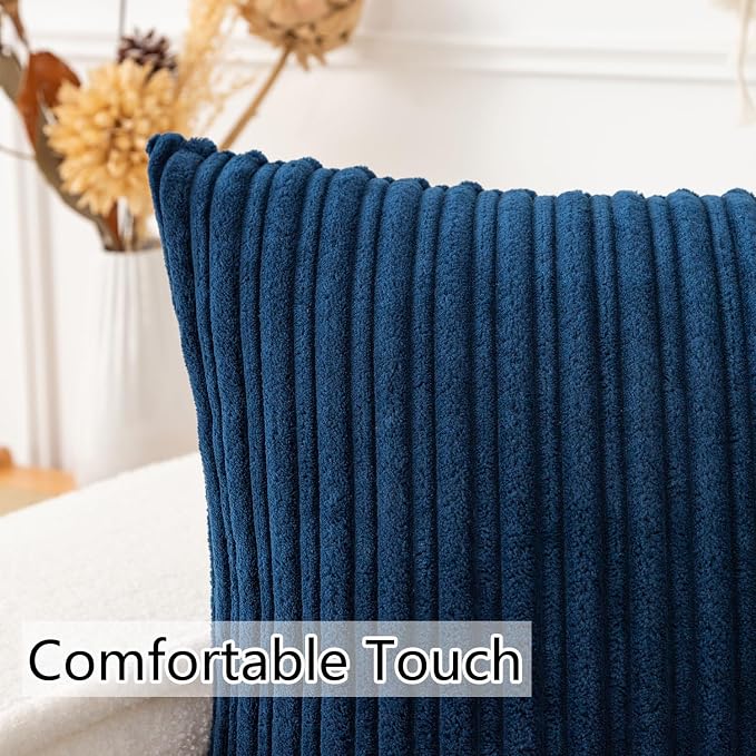 UGASA Striped Textured Velvet Corduroy Decorative Europe Sham Throw Pillow Cushion Cover for Couch, 2 Packs, (61x61 cm, 24inch), Navy Blue