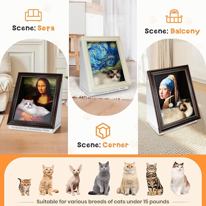 Cardboard Cat House with Scratcher for Indoor Cats,Mona Lisa Cat Bed Painting Cat Scratcher Bed,Half-Surround Design W/Horizontal Cat Scratcher Scratching Board W/Catnip(Mona Lisa, Frame Pre-Taped)