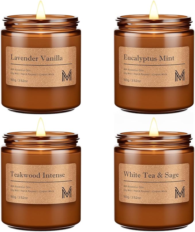 M&SENSE 4 Pack Candle Gift Set, Aromatherapy Candle Gift for for Men and Women, Soy Wax Candles Home Scented, Long Lasting Amber Jar Candles for Birthday Housewarming