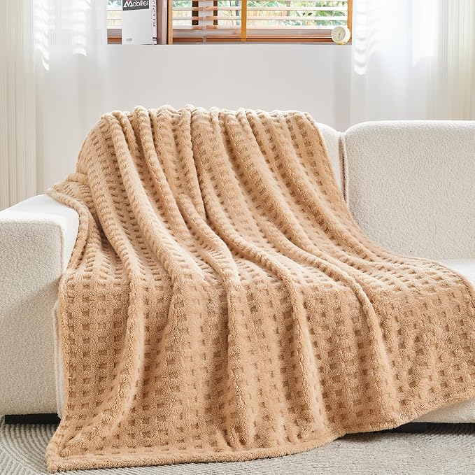 NEWCOSPLAY 3D Waffle Checkered Flannel Twin Blanket, Brown, 60"x80" | Super Soft Cute Lightweight Decorative Premium Silky Fleece Blanket for Couch Sofa Bed, Gift for Women Men, All Season Use