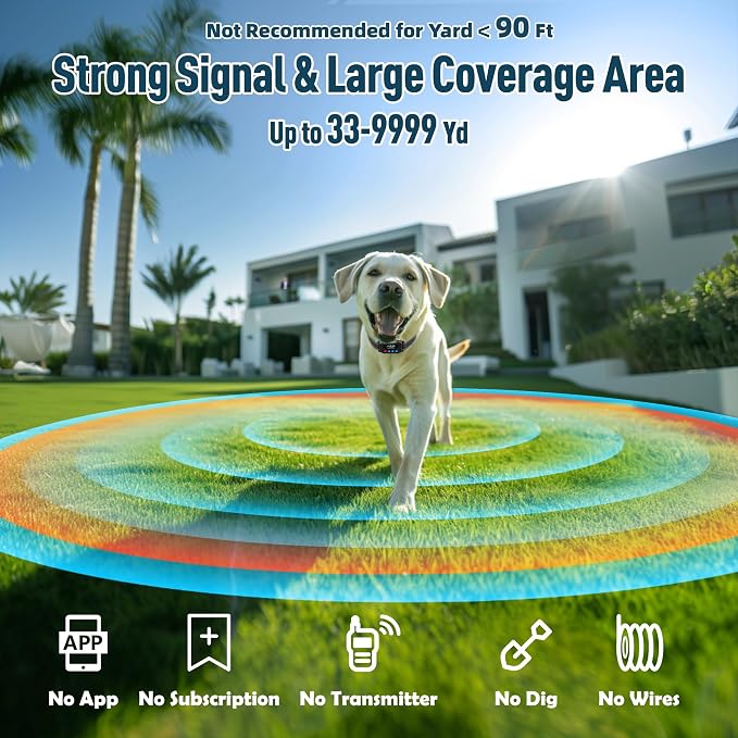 Wireless GPS Dog Fence System – Electric Boundary for Large Dogs, 3 Alert Modes, Adjustable Range 9999 Yards, IPX7 Waterproof Rechargeable GPS Dog Collar for Outdoor Training
