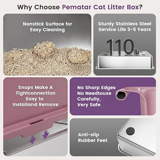 XXXL Stainless Steel Cat Litter Box with Lid, 26" L x 18" W x 12" H Metal Litter Box with High Sides for Big Cats & Multiple Cats, Never Absorbs Odors, Anti-Urine Leakage, Easy Cleanin(Pink)