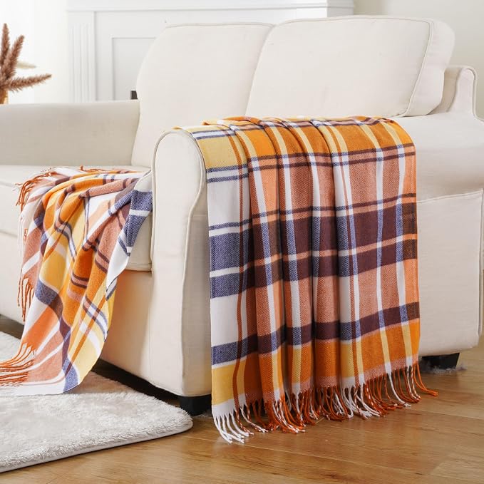Fall Plaid Throw Blanket for Couch Bed, Mustard Throw Blanket, Fall Decor | 50x60in, Orange Fall Blanket, Woven Throw with Tassels, Buffalo Checkered Plaid Blankets and Throws Farmhouse Style for Home