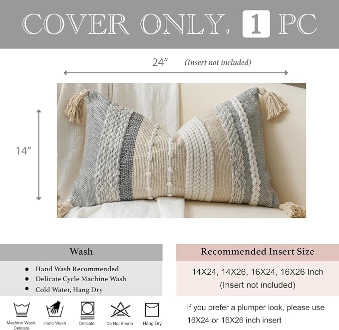 Decorative Lumbar Throw Pillow Cover 14x24 Boho Gray Accent Cushion for Couch Sofa Farmhouse Pillowcase for Bedroom Living Room Home Décor Cover ONLY