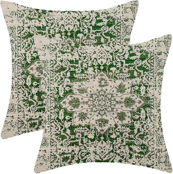 AEIOAE Boho Pillow Covers 18x18 Inch Set of 2,Sage Green Beige Carpet Pattern Throw Pillows Case,Ethnic Design Retro Outdoor Decorative Square Linen Farmhouse Decor Cushion Covers for Home Sofa Couch