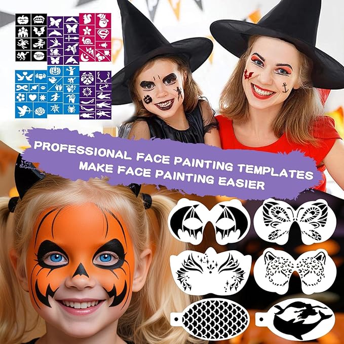 Face Painting Kit for Kids, 51 Colors Water Based Non-Toxic Paint, with 4 Brushes, 38 Stencils, 6 Reusable Stencils, etc. Washable Face Paints for Birthdays Halloween Party Carnival