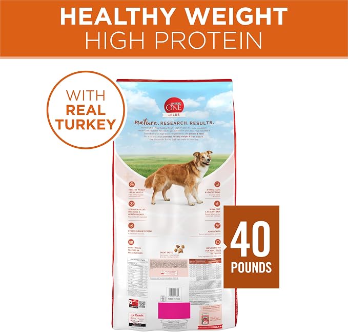 Purina ONE Plus Healthy Weight Dry Dog Food, Real Turkey, 40 lb Bag | High protein dog food for weight control with turkey as the first ingredient, helps promote healthy weight and lean muscle