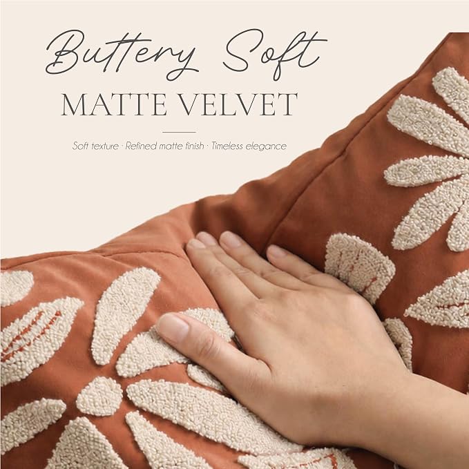Lumbar Pillow Cover 12x20 Inch, Rust Terracotta Floral Tufted Velvet Decorative Accent Pillow Case for Sofa Bed Living Room, Cover Only